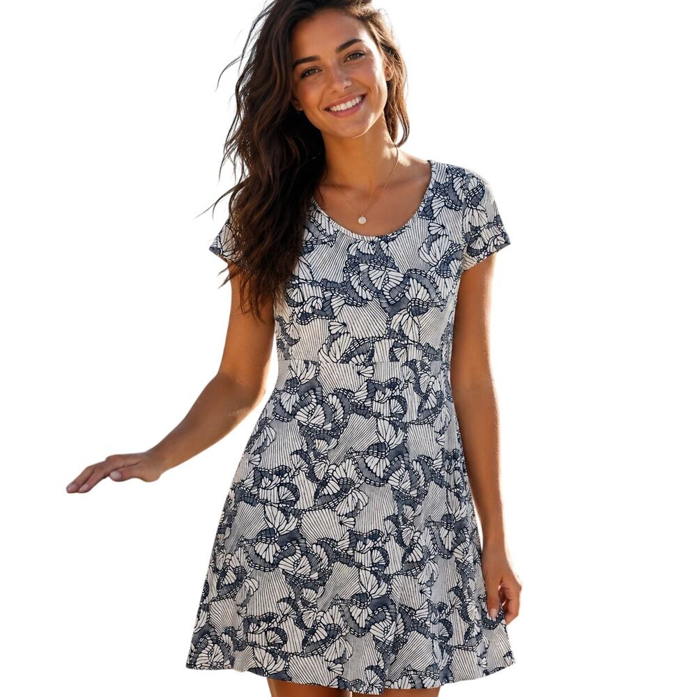 Fresh Produce Butterfly Dress Womens Size Small Navy White Beachy Cotton A-Line